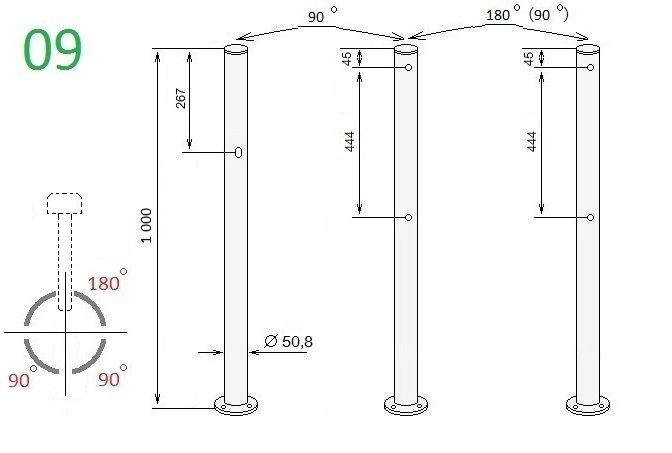 Схема стойки ограждения трехсторонней ALG-D50.8-09 (PERCo-BH02 2-16)