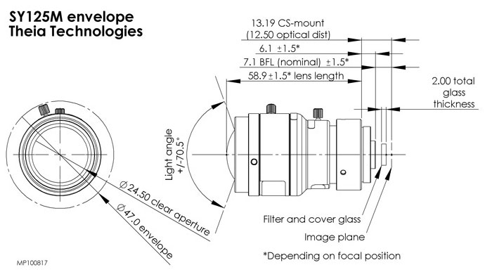Технический чертеж мегапиксельного объектива Theia SY-125M